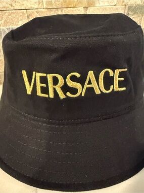 Versace Black Bucket Hat with Gold Logo Embroidery